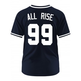 Men'S Deep Blue # 99 Baseball Shirt, Classic Letter Embroidery Design, Breathable Button style Short Sleeve Shirt, Used for Training and Competition