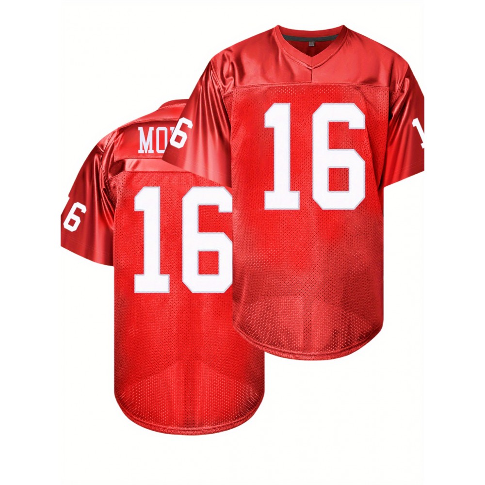 Men's Red #16 American Football Jersey - Loose Fit Breathable V-Neck Embroidered Rugby Shirt for Sports, Casual & Streetwear | All-Season Outdoor Top for Men & Teens, Rugby Jersey, Durable Sportswear