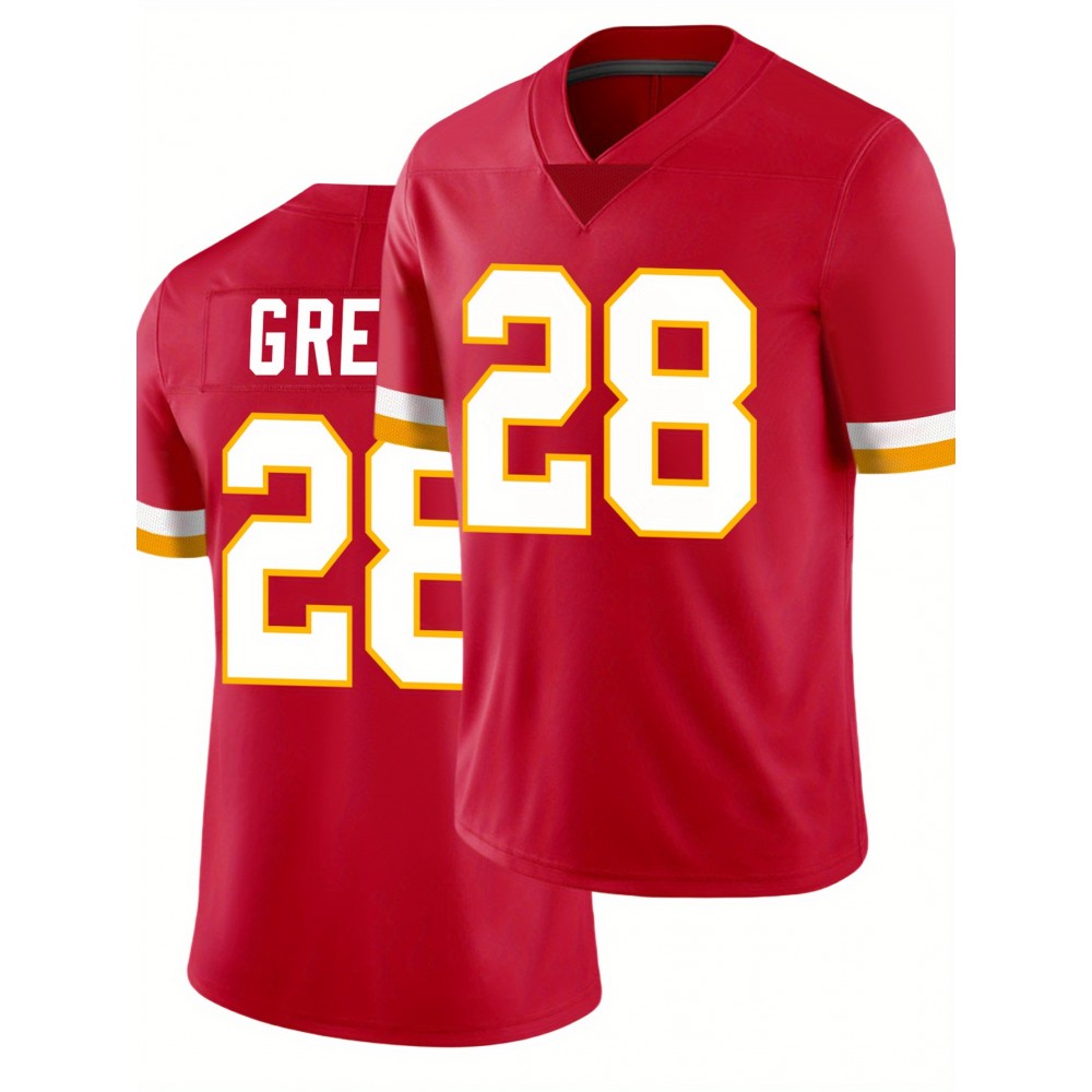 Men's Red #28 Breathable Rugby Jersey - Embroidered American Football V-Neck Short Sleeve Shirt, Loose Fit All-Season Training & Match Uniform for Sports, Outdoor Activities & Casual Wear, Durable Sportswear