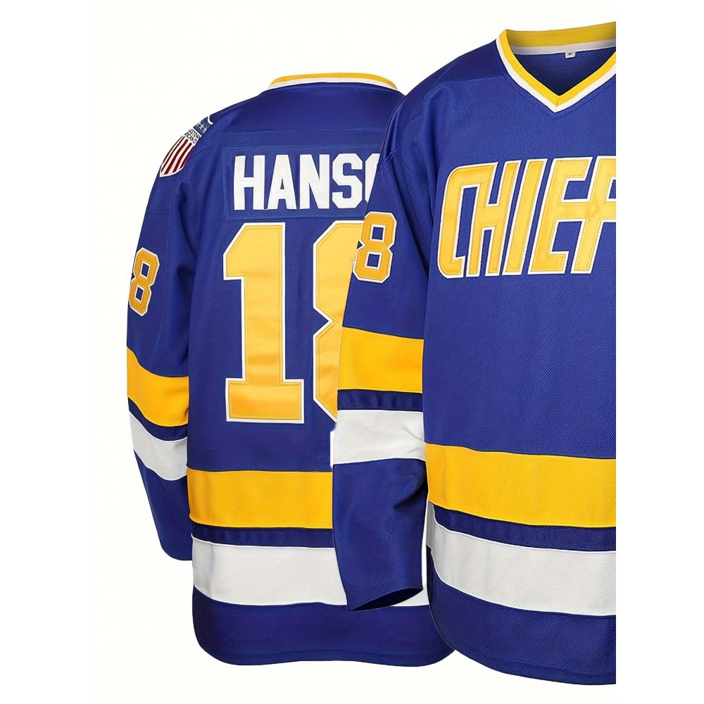 Blue V-Neck Embroidered Men's #18 Ice Hockey Jersey - Long Sleeve, Breathable & Stylish for Sports and Casual Wear