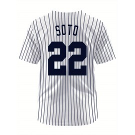 Men'S White Striped # 22 Baseball Shirt, Classic Letter Embroidery Design, Breathable Button Style Short Sleeved Shirt, Suitable for Training And Games
