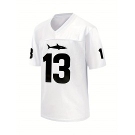 Men's White #13 Breathable American Football Jersey - V-Neck Short Sleeve Embroidered Team Uniform with Shark Graphic & Bold Numerals, Loose Fit for Training, Competition & Casual Wear (Machine Washable, All-Season), Embroidered Detailing