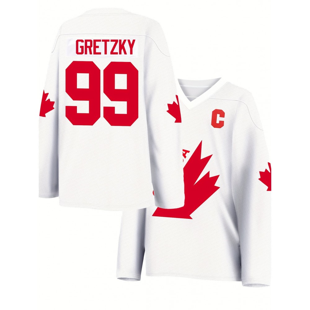 Polyester V-Neck #99 Embroidered Hockey Jersey - Casual & Outdoor Loose-Fit Knit Top - for Adults and Teens, Four Seasons Wear