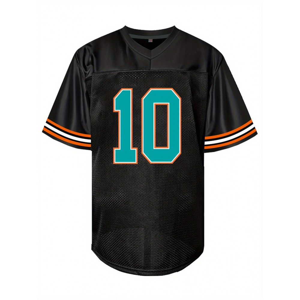 Men's Black #10 Embroidered Rugby Shirt - Breathable Loose Fit V-Neck Jersey Top with Teal & Orange Accents for Casual, Sports & Outdoor Activities - All-Season Machine Washable, Casual Streetwear, Sporty Aesthetic, Comfortable Fit
