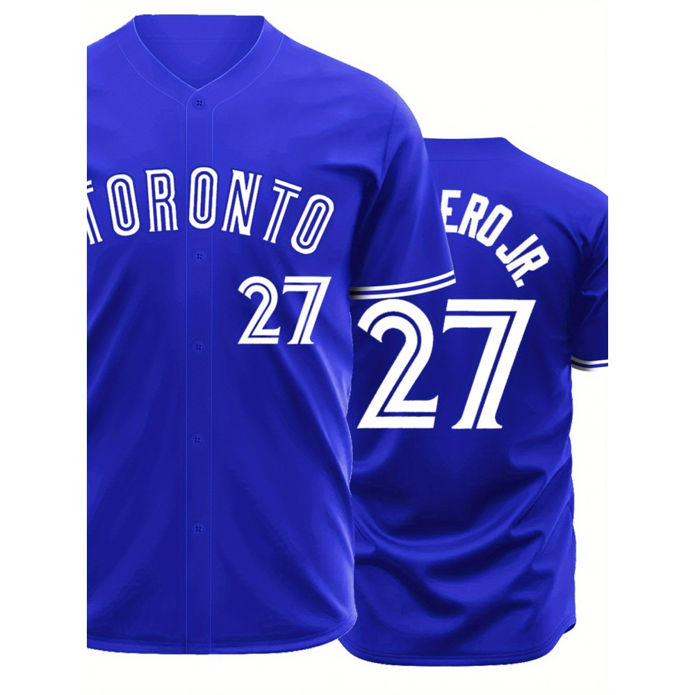 Men's Royal Blue Toronto #27 Baseball Shirt - Breathable Loose Fit V-Neck Embroidered Jersey, Button-Up Casual Sportswear for Outdoor Activities, Running & Daily Wear, All-Season Comfort, Sports Apparel, Sporty Design, Embroidered Detailing