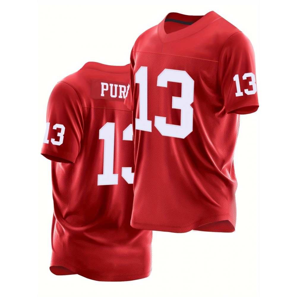 1pc Men'S Red #13 Embroidered Polyester Rugby Top, V-Neck Sports Jacket with Slight Stretch, Breathable Loose Fit for Casual, Outdoor, Hiking & Team Sports - Four Seasons Knit Fabric Shirt