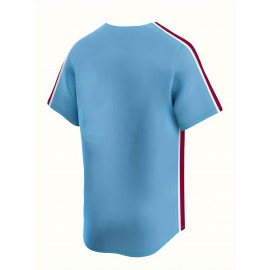 Men'S Moon Blue Baseball Shirt, Classic Letter Embroidery Design, Button Style Short Sleeved Breathable Shirt, Used for Training And Competitions