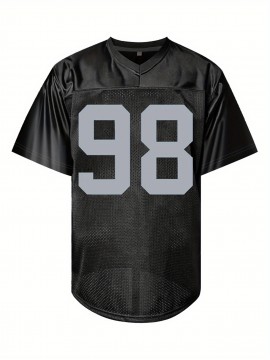 Men'S Black # 98 American Football Shirt Loose Embroidered Sports, Fashionable, Casual, Street Breathable Rugby Top