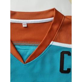 Men's #69 Moon Orchid Ice Hockey Jersey - Teal & Brown Retro Embroidered V-Neck Sweatshirt, Loose Fit, Breathable Polyester for Sports, Streetwear & Casual Outings