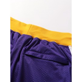 Men's Purple # 8-24 Basketball Shorts, Classic Letter Embroidery Design, Breathable Button Short Sleeve Shirt, Suitable for Training and Competition