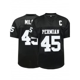 Men'S Black # 45 Breathable Rugby Jersey, Sports V-neck Short Sleeved Uniform For Training And Matches, Embroidered American Football Shirt