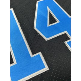 Men's Black #14 Embroidered American Football Jersey - Loose Fit Breathable V-Neck Rugby Top with Blue & White Stripes, All-Season Casual Streetwear for Sports & Outdoor Activities, Athletic Leisure Wear