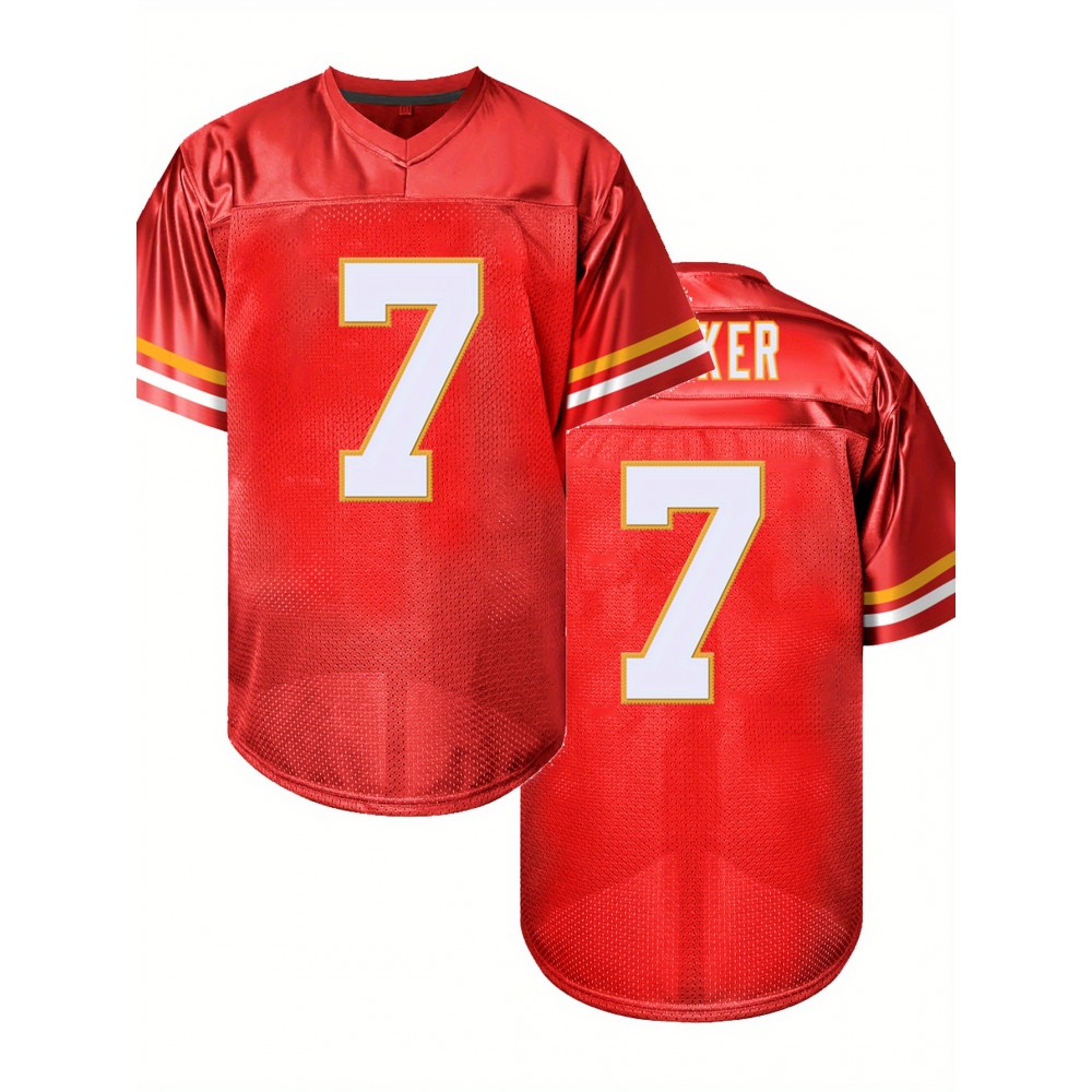 Men's Red #7 Embroidered American Football Jersey - Loose Fit Breathable V-Neck Rugby Shirt for Sports, Casual & Streetwear | All-Season Machine Washable Top, Athletic Apparel, Durable Sportswear