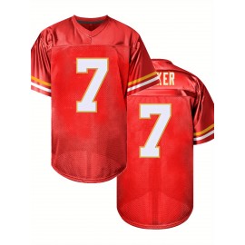 Men's Red #7 Embroidered American Football Jersey - Loose Fit Breathable V-Neck Rugby Shirt for Sports, Casual & Streetwear | All-Season Machine Washable Top, Athletic Apparel, Durable Sportswear