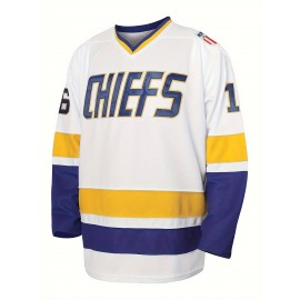 Men's White #16 Ice Hockey Sweatshirt - Loose Fit V-Neck Long Sleeve with Embroidered Lettering, Breathable Sporty Casual Streetwear for All-Season Outdoor Activities & Training, Sports Fan Apparel | Durable Sportswear