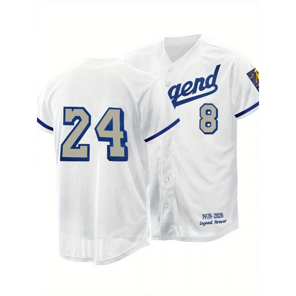 Men'S White # 24 Baseball Shirt, Classic Letter Embroidery Design, Button Style Short Sleeved Breathable Shirt, for Training And Competition Use