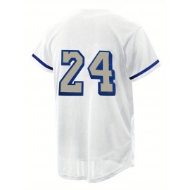 Men'S White # 24 Baseball Shirt, Classic Letter Embroidery Design, Button Style Short Sleeved Breathable Shirt, for Training And Competition Use