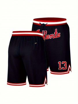 Men's #13 Atlanta -Inspired Blue Shorts - Classic Embroidered Lettering, Breathable Polyester, Elastic Waistband with Striped Accents - Ideal for Training & Competitive Play