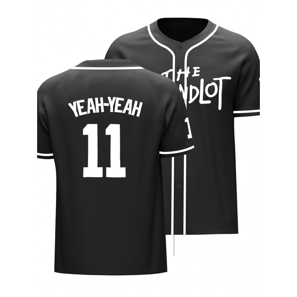 Men's Black #11 Baseball Shirt - Loose Fit V-Neck Embroidered 