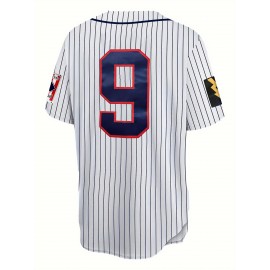 Men's White Striped # 9 Baseball Shirt, Loose Embroidered Sports, Fashionable And Casual, Street Breathable