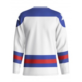 Men's U.S.A. Embroidered Ice Hockey Jersey - White, Blue & Red Striped V-Neck Sweatshirt, Loose Fit, Breathable Polyester for Sports, Casual Wear & Outdoor Activities, Outdoor Activewear | Casual Hockey Jersey | Embroidered Detailing