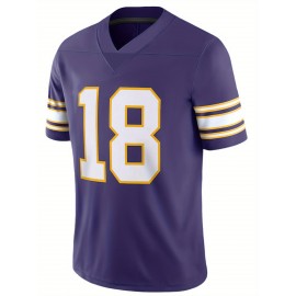Men's Purple #18 American Football Jersey - Breathable Loose Fit V-Neck with Embroidered Letter Design, All-Season Casual Streetwear for Sports & Outdoor Activities, Comfortable Fit