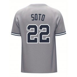Men's Grey #22 Baseball Jersey - Loose Fit V-Neck Embroidered Sports Shirt, Breathable Button-Up Top for Casual Streetwear, Outdoor Activities & All-Season Wear (Adults & Teens)