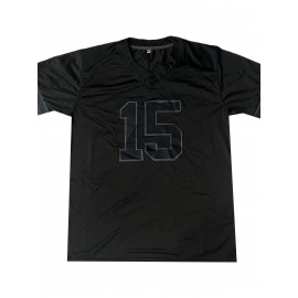 Men'S Black # 15 Breathable Rugby Shirt, Sports V-neck Short Sleeve Training Match Uniform, Embroidered American Football Shirt