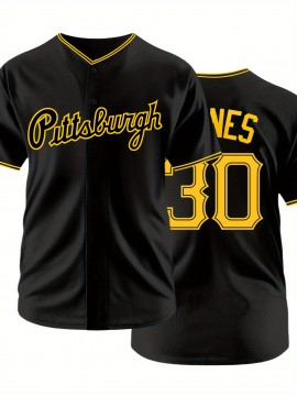 Men's Black #30 Baseball Shirt with Pittsburgh Embroidered Letter & Number Design, Breathable Loose Fit V-Neck Button-Up for Casual Streetwear, Sports & Outdoor Activities - All-Season Comfort, Outdoor Activewear | Relaxed Fit Jersey | Embroidered Details