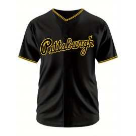 Men's Black #30 Baseball Shirt with Pittsburgh Embroidered Letter & Number Design, Breathable Loose Fit V-Neck Button-Up for Casual Streetwear, Sports & Outdoor Activities - All-Season Comfort, Outdoor Activewear | Relaxed Fit Jersey | Embroidered Details