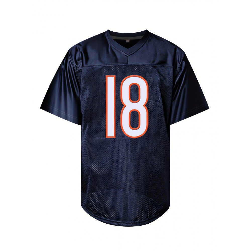 Men's Black # 18 Breathable Rugby Jersey, Sports V-neck Short Sleeved Uniform For Training And Matches, Embroidered American Football Shirt