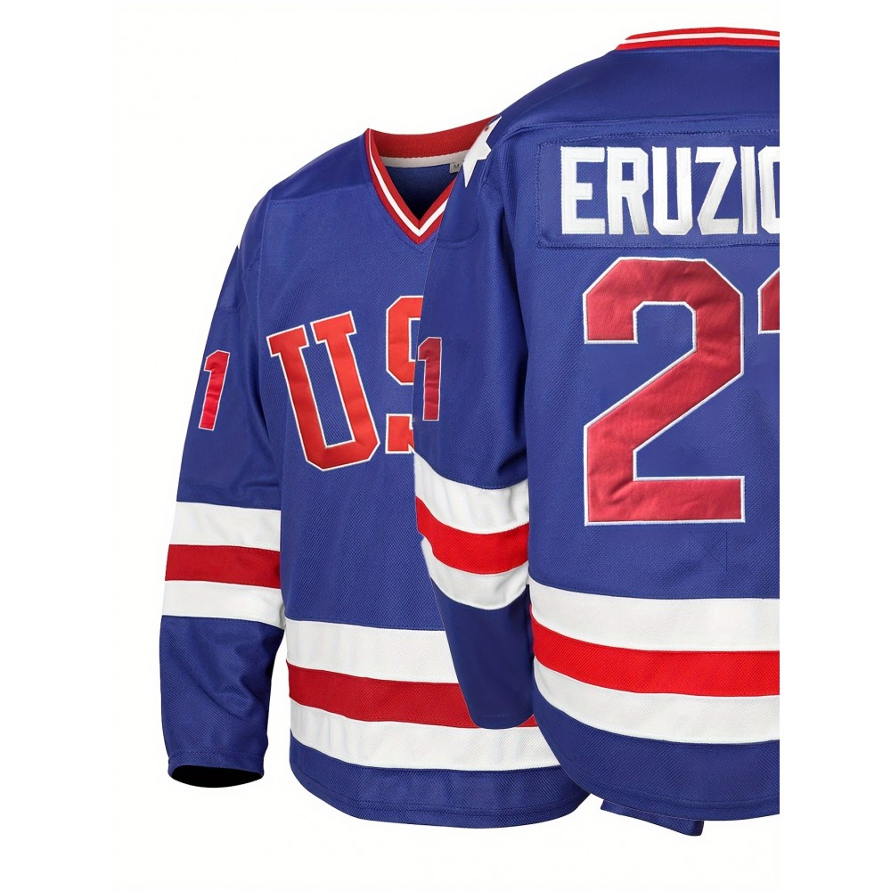 [Polyester V-Neck Sports Sweatshirt] Men'S #21 USA Hockey Jersey, SheLucki, Polyester V-Neck Sports Sweatshirt, Embroidered Long Sleeve, Casual & Outdoor Top, Slight Stretch Knit Fabric, for Adults & Teens, Four Seasons Wear