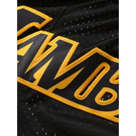 Men's Classic Breathable Basketball Shorts - Black, Embroidered Letter Design, Button Style, Short Sleeved, Training and Competition Ready