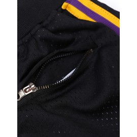 Men's Classic Breathable Basketball Shorts - Black, Embroidered Letter Design, Button Style, Short Sleeved, Training and Competition Ready