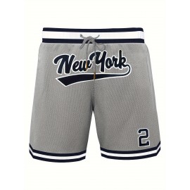 2 Embroidery Breathable Men's Letter & Number Basketball Shorts, Athletic Drawstring Shorts For Training & Competition