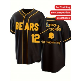 Men's Black # 12 Baseball Shirt, Classic Letter Embroidery Design, Button Style Short Sleeved Breathable Shirt, Suitable For Training And Competition Use
