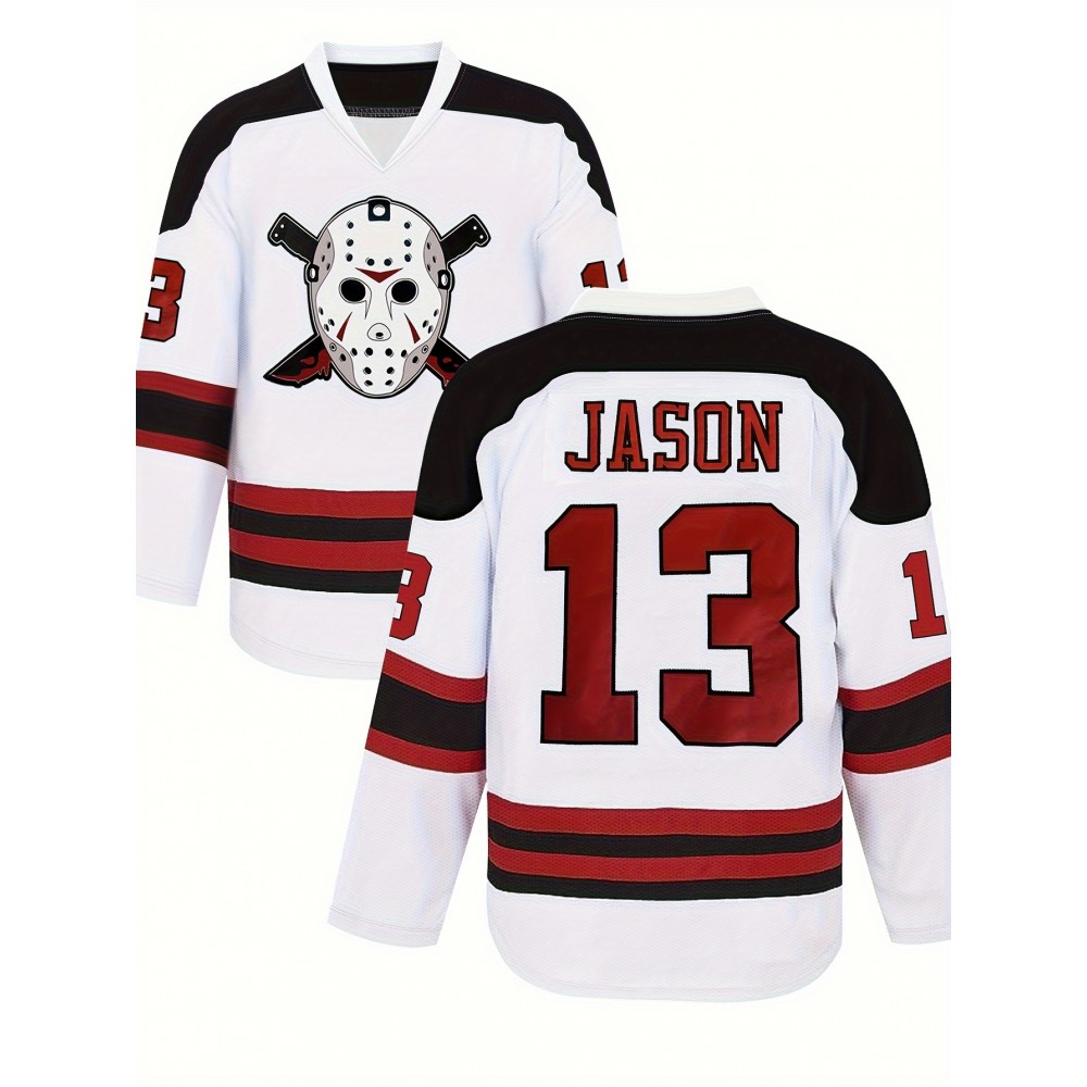 White Loose Fit Embroidered Long Sleeve #13 Ice Hockey Sports Shirt - Breathable Street Fashion Casual