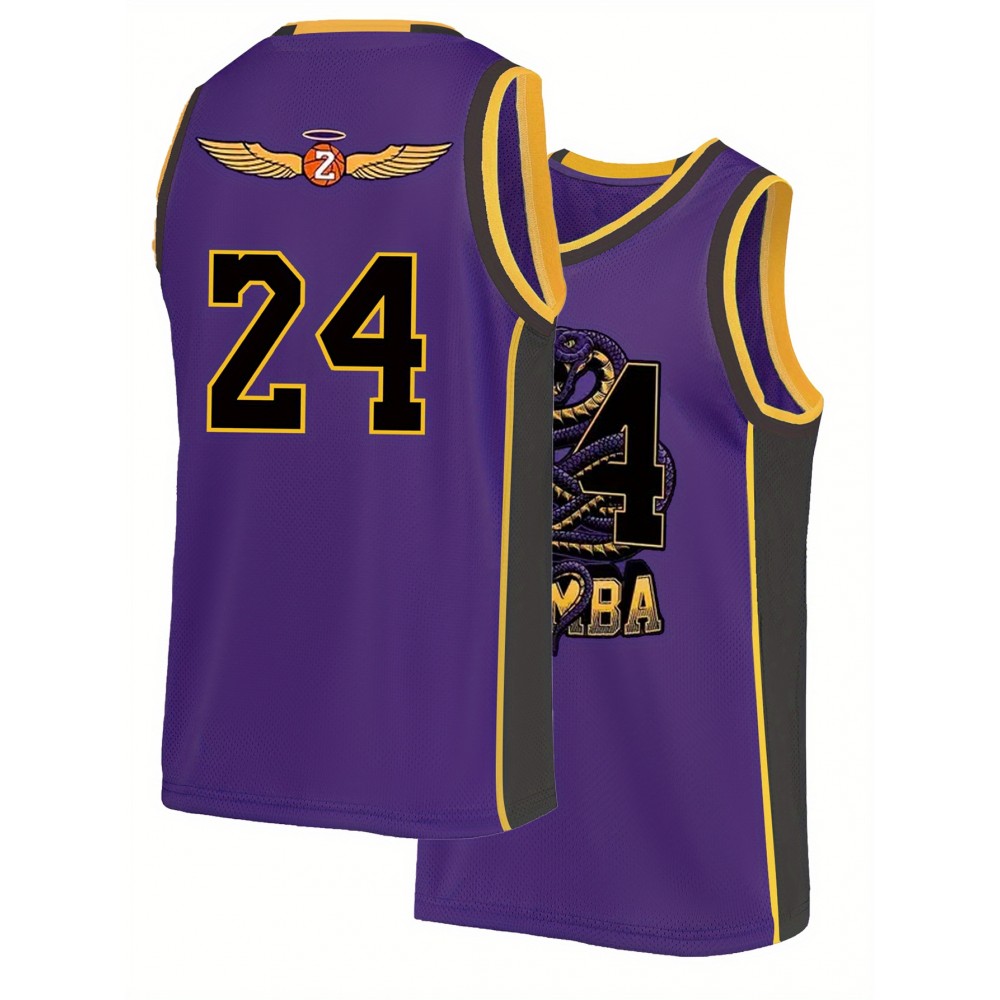 Men'S Purple Snake Skin Basketball Suit # 24 Classic Retro Embroidered Letter Sleeveless Sweat wicking Breathable Tank Top Basketball Suit