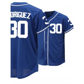 Men's #30 Blue Baseball Jersey - Classic Design, Breathable Button-Up Short Sleeve Shirt for Training & Games, V-Neck, Loose Fit, Polyester, Machine Washable, Game Day Attire | Sports Top | Lightweight Polyester, SHLUCKI