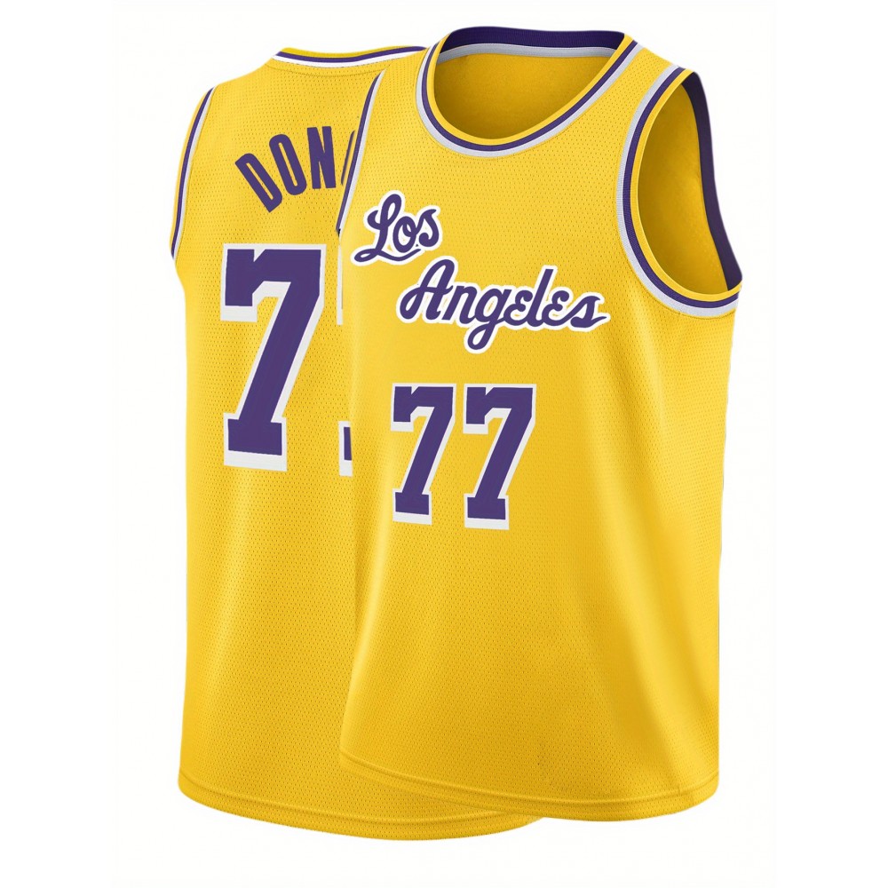 Men's Yellow #77 Basketball Jersey - Retro Embroidered Letter Design, Loose Fit Breathable Fabric, All-Season Casual & Sports Wear, Machine Washable Round Neck Vest for Men & Youths, Basketball Gear, Team Apparel, Durable Sports Apparel