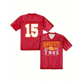 Women's Kansas City #15 Polyester Red Football Jersey, V-Neck Sports Shirt With Slight Stretch, Breathable Casual Knit Fabric For All Seasons, Loose Fit Adult & Teen, Fans Gift Women Youth
