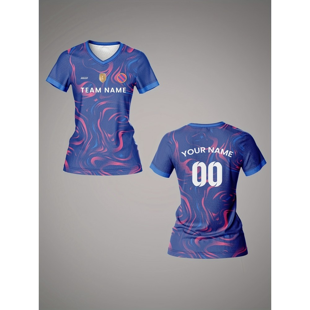 Custom Name and Number Women'S V-neck Football Shirt Top, Team Personal Training, Sports, Breathable, Quick Dry, Daily Casual, Slight Stretch Fabric, All Over Print, Regular Length, for Spring/Summer/Fall