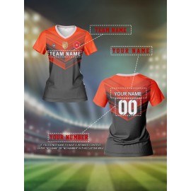Customizable Women's V-Neck Football Jersey - Personalized Name & Number, Breathable Polyester, Orange & Gray Retro Design for Team Sports, Training, and Casual Wear