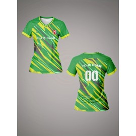 Customizable Women's V-Neck Soccer Jersey - Green & Yellow Striped Design, Personalized Name & Number, Breathable Polyester for Team Sports, Fitness, and Casual Wear