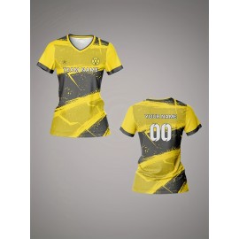 Customized Women'S V-Neck Soccer Jersey with Name & Number - Team Specific Training & Fitness Shirt, Comfortable, Breathable, Quick-Dry for Casual Wear, Yellow & Black Design, Spring/Summer/Fall