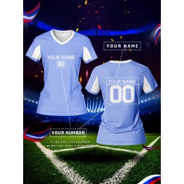 Customized Name & Number Women's V-Neck Football Jersey - Breathable Quick-Dry Moisture-Wicking Light Blue/White Stripes Team Training Fitness Casual Sports Top for Spring Summer Fall, Personalized Football Jersey, Comfortable Fit
