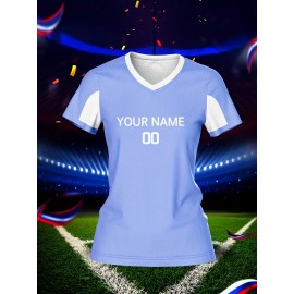 Customized Name & Number Women's V-Neck Football Jersey - Breathable Quick-Dry Moisture-Wicking Light Blue/White Stripes Team Training Fitness Casual Sports Top for Spring Summer Fall, Personalized Football Jersey, Comfortable Fit