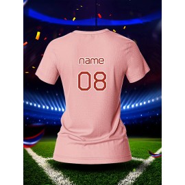 Customized Women's V-Neck Football Shirt - Personal Name & Number, Pink, Breathable Polyester, Quick-Dry Sports Top for Team Training & Casual Wear