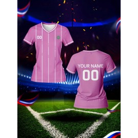 Customizable Women'S V-Neck Soccer Jersey - Personalized Name & Number, Breathable Quick-Dry Fabric for Team Training, Fitness & Casual Wear, Pink with Striped Detai