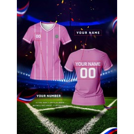 Customizable Women'S V-Neck Soccer Jersey - Personalized Name & Number, Breathable Quick-Dry Fabric for Team Training, Fitness & Casual Wear, Pink with Striped Detai